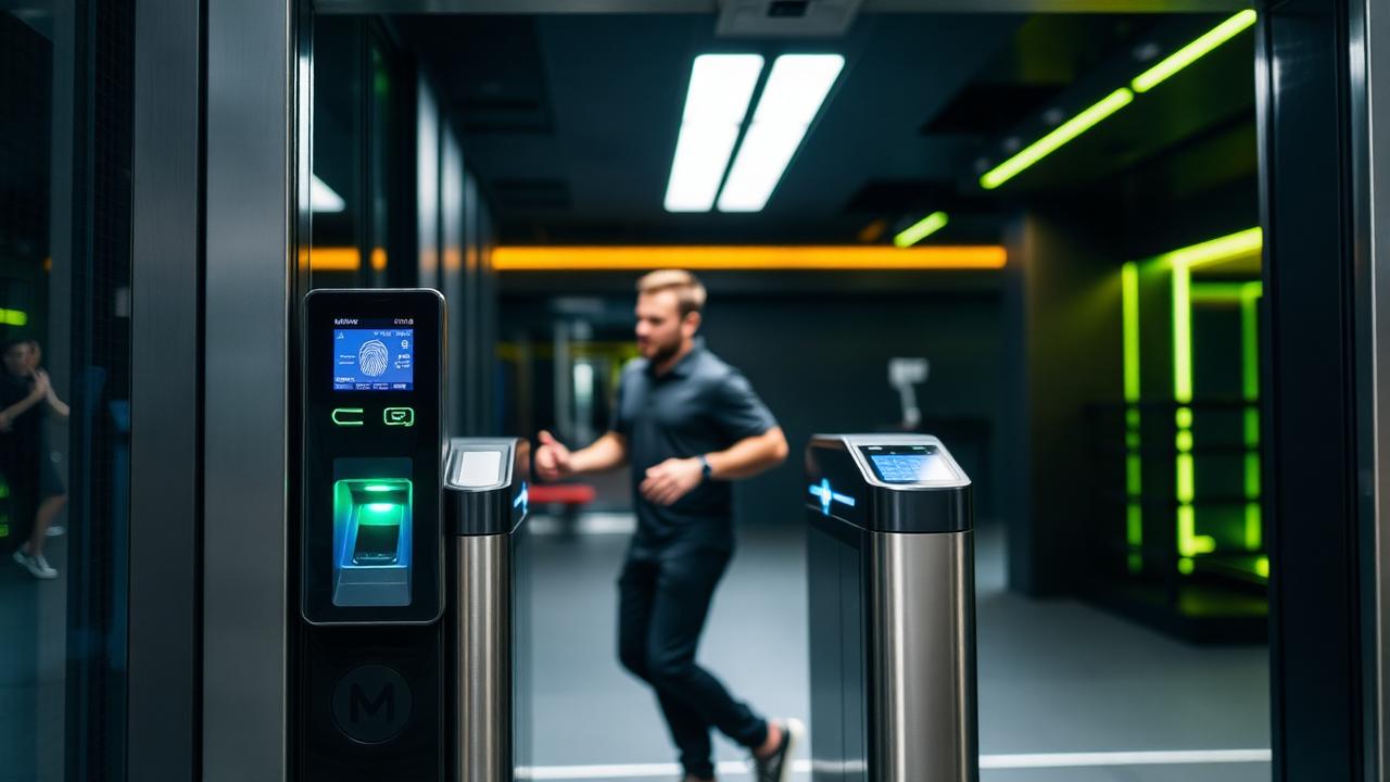 Catraca com leitor biométrico liberando a entrada de um aluno