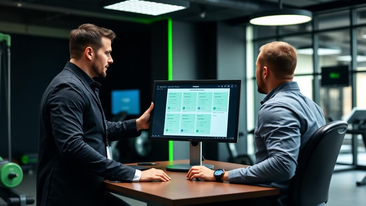 Consultor apresentando os planos da academia para um visitante