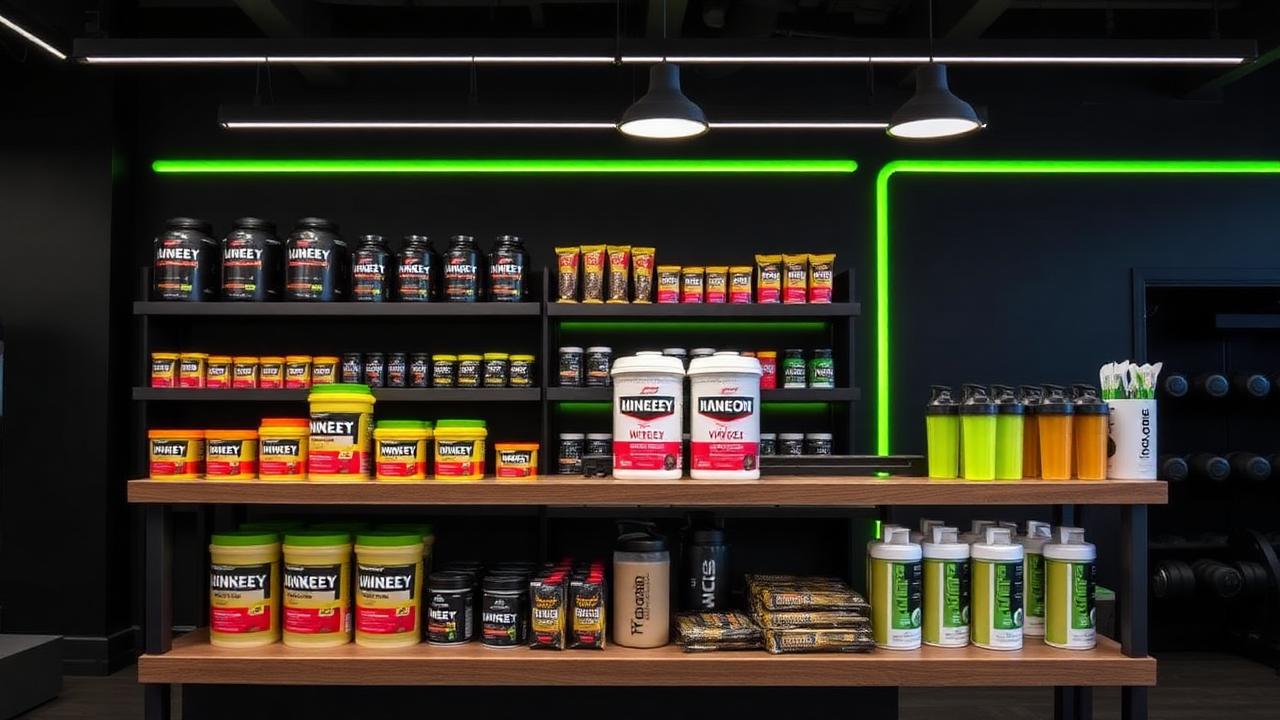Prateleiras com suplementos e produtos na loja da academia