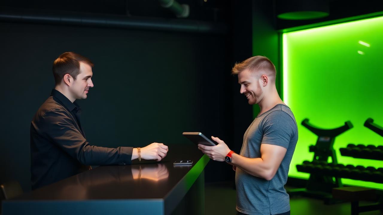 Recepcionista finalizando a matrícula de um aluno em um tablet na academia