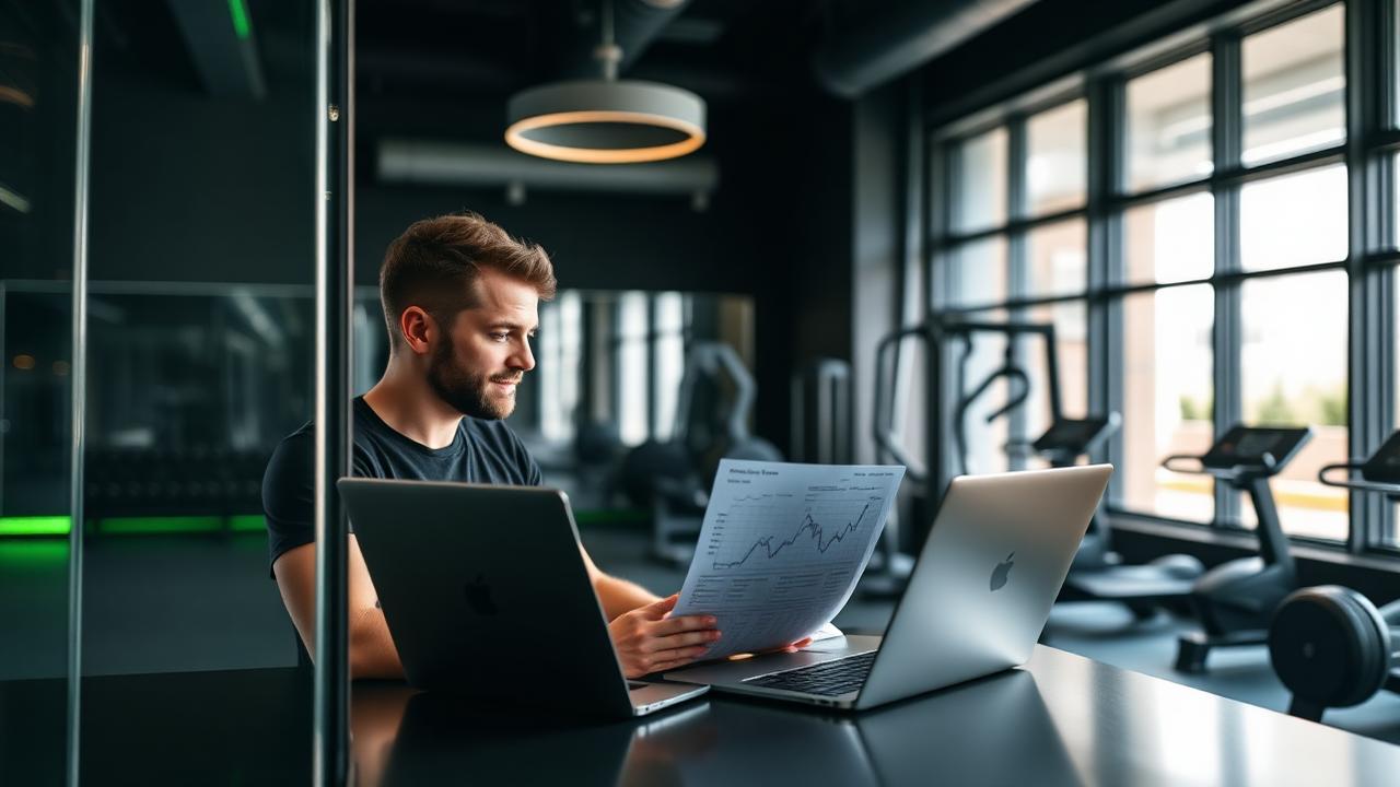 Dono da academia analisando indicadores do negócio em um notebook