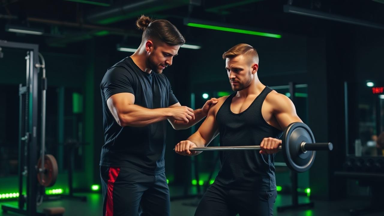 Personal trainer orientando aluno em exercício na área de musculação