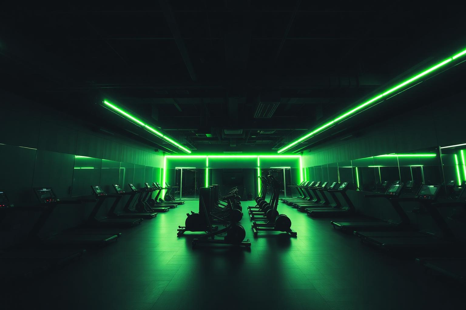 Interior de academia moderna com iluminação verde à noite