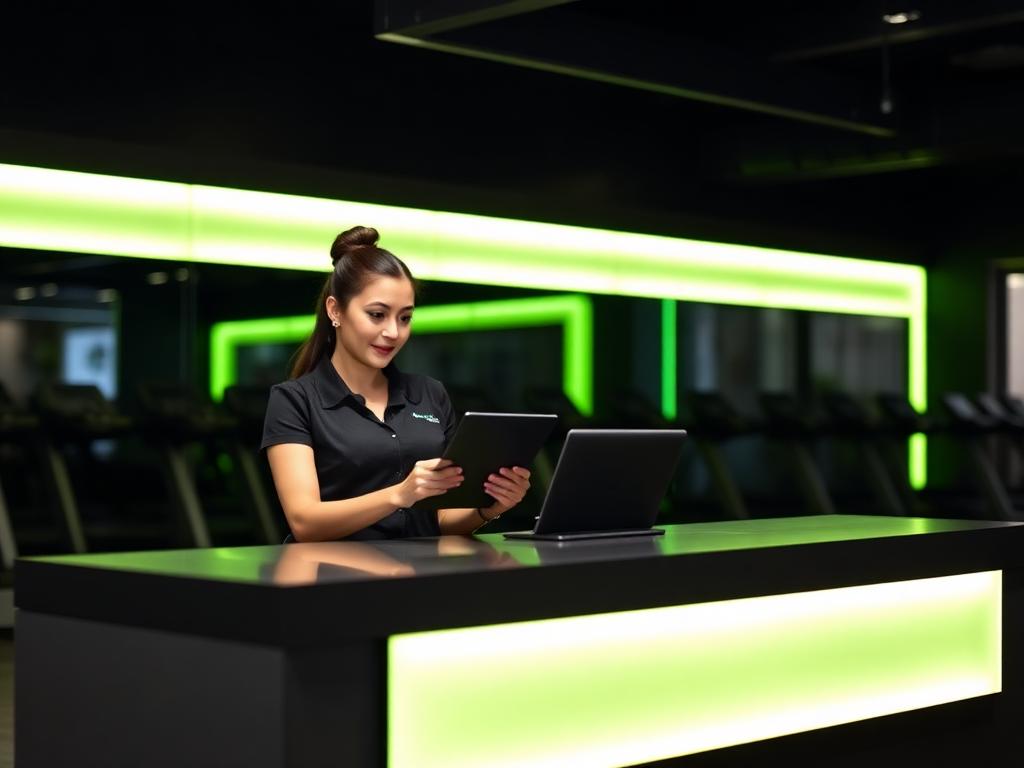 Recepcionista de academia usando o sistema em um tablet no balcão