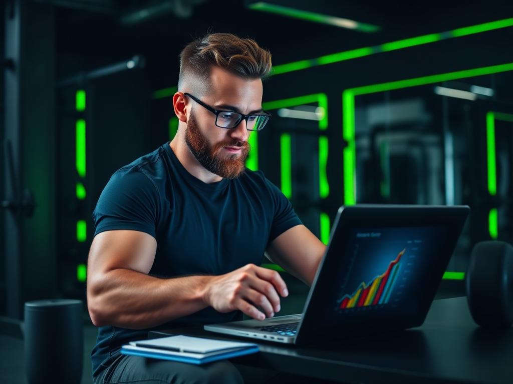 Dono de academia analisando gráficos de crescimento no notebook